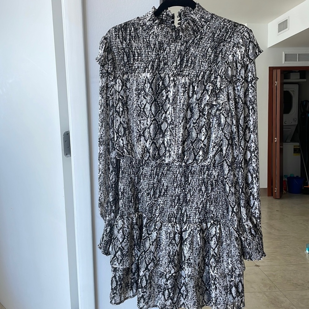 English Factory Snakeskin print ruffled chiffon dress